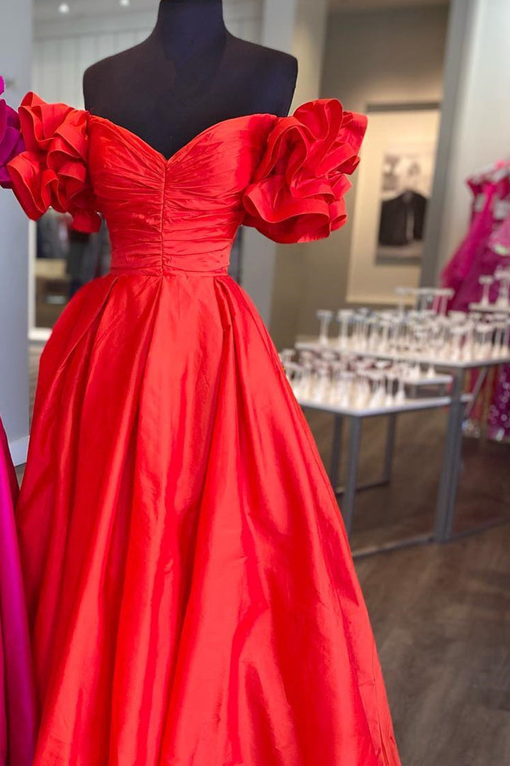 dressimeA-Line Satin Off The Shoulder Ruffled Sleeve Prom Dresses
