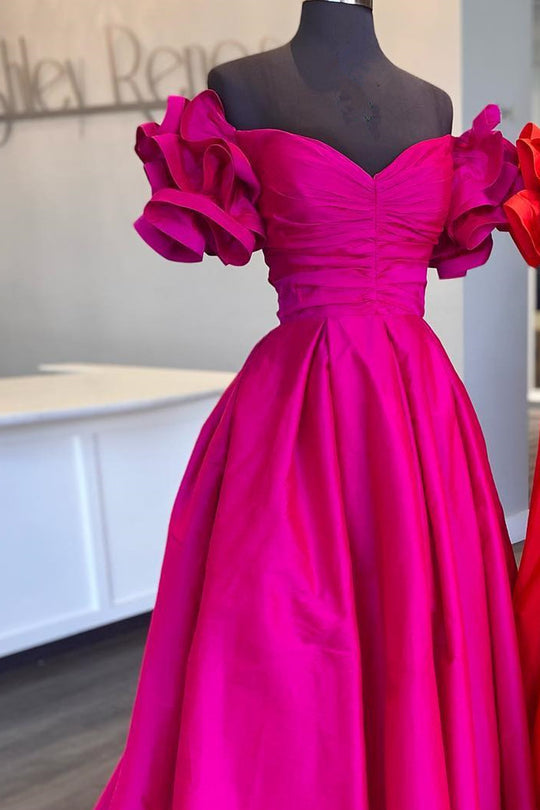 dressimeA-Line Satin Off The Shoulder Ruffled Sleeve Prom Dresses