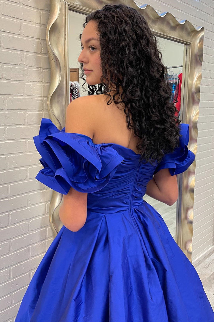 dressimeA-Line Satin Off The Shoulder Ruffled Sleeve Prom Dresses