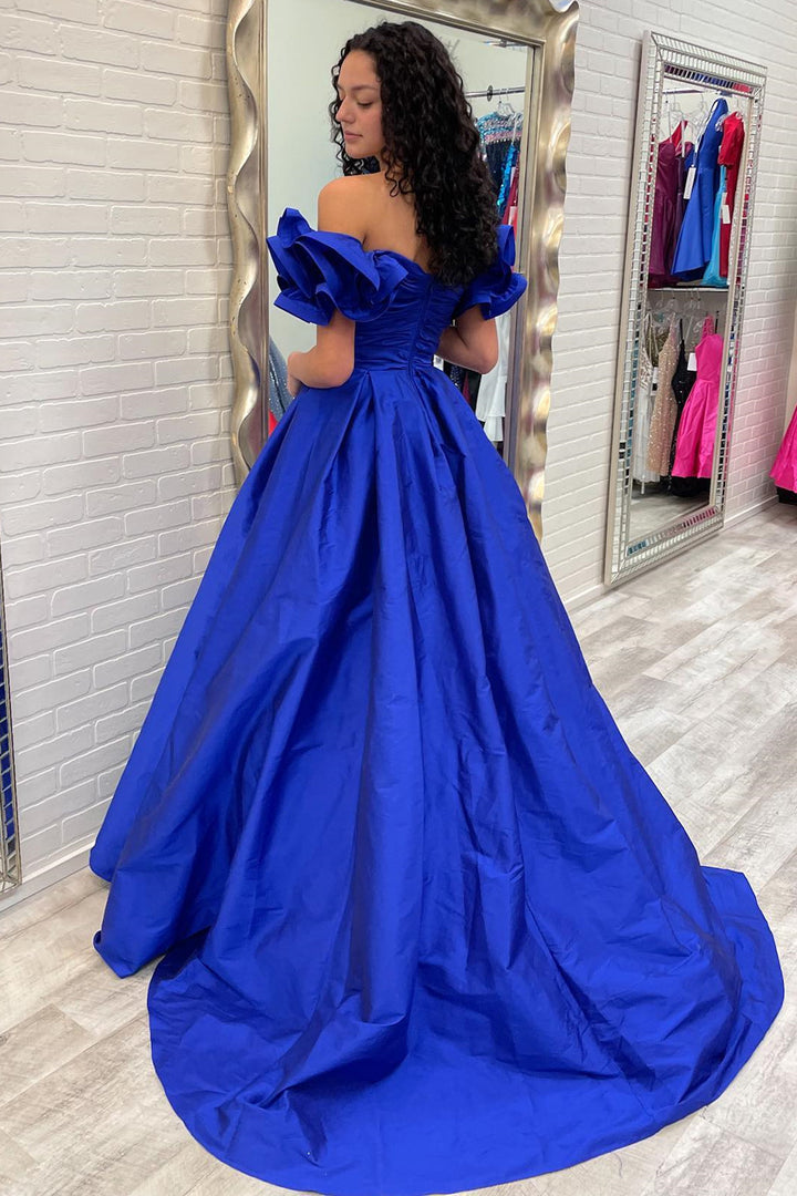 dressimeA-Line Satin Off The Shoulder Ruffled Sleeve Prom Dresses
