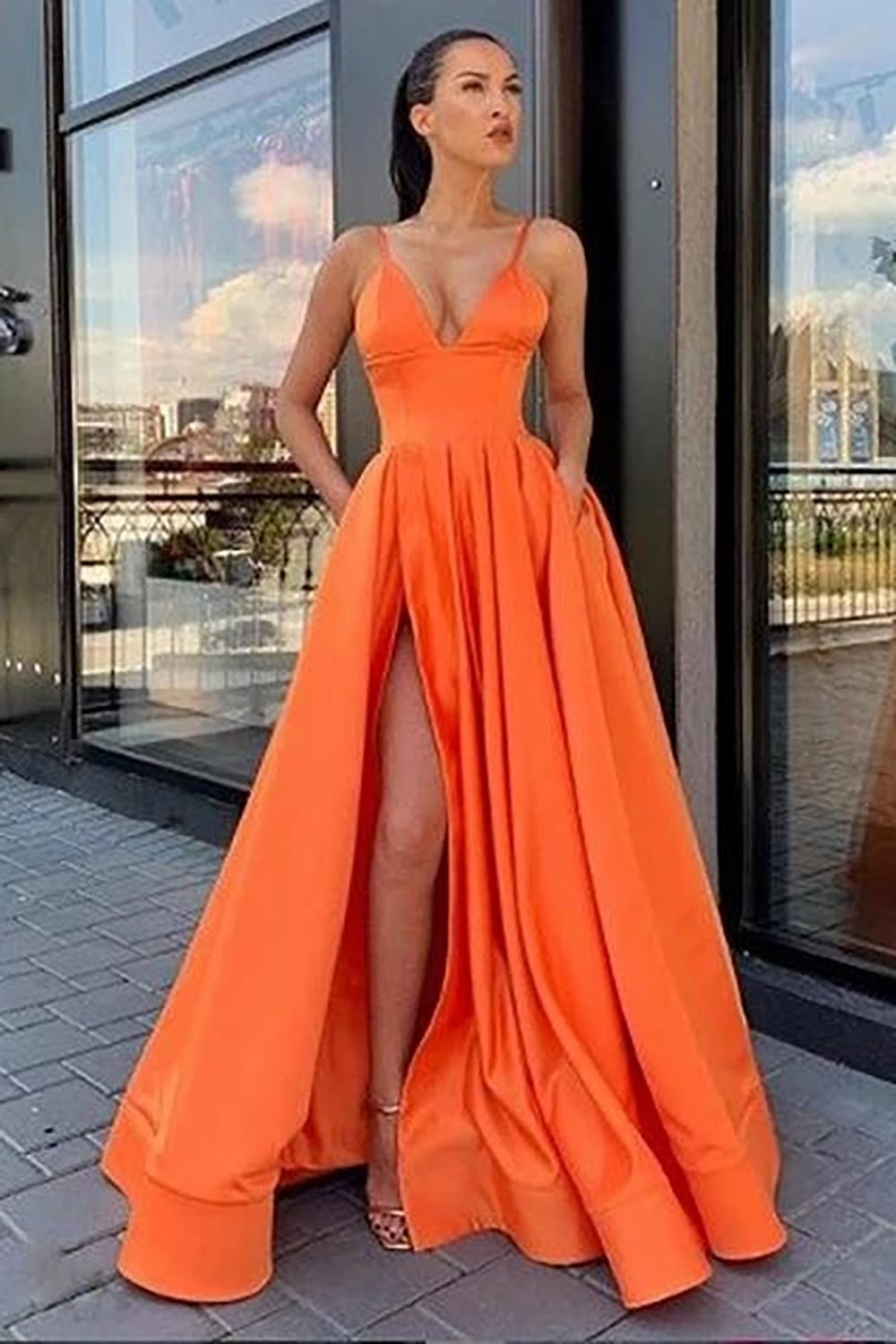 dressimeA Line Satin Spaghetti Straps Prom Dresses With Slit