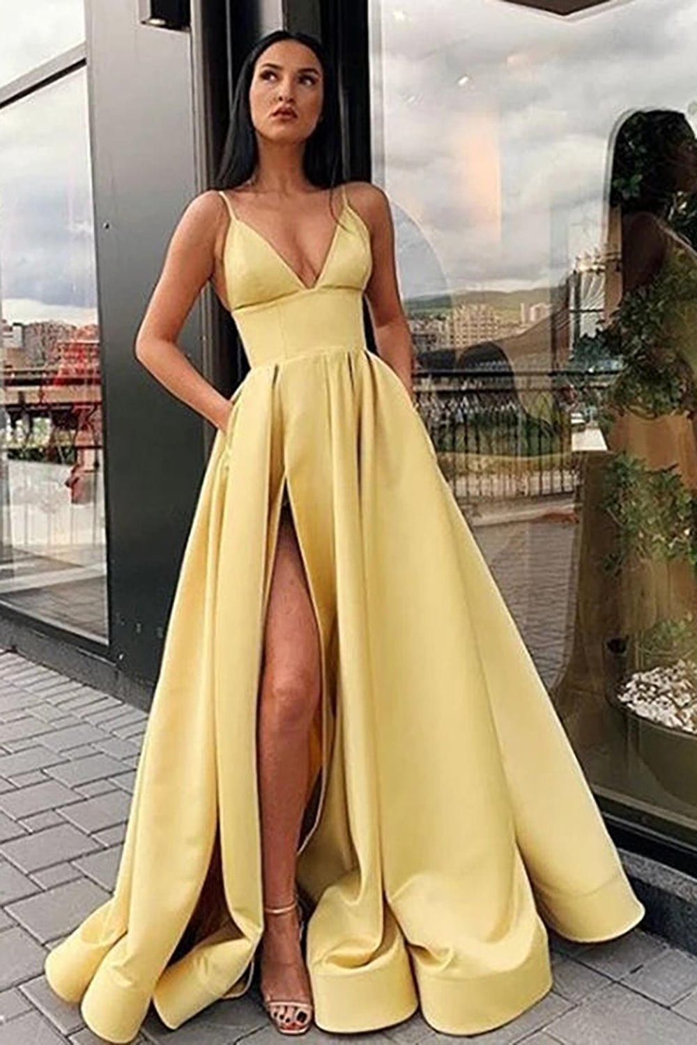 dressimeA Line Satin Spaghetti Straps Prom Dresses With Slit