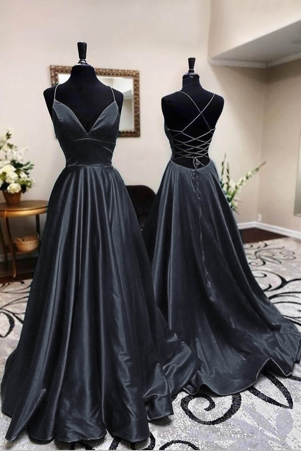 dressimeA Line Satin Spaghetti Straps Prom Dresses With Slit
