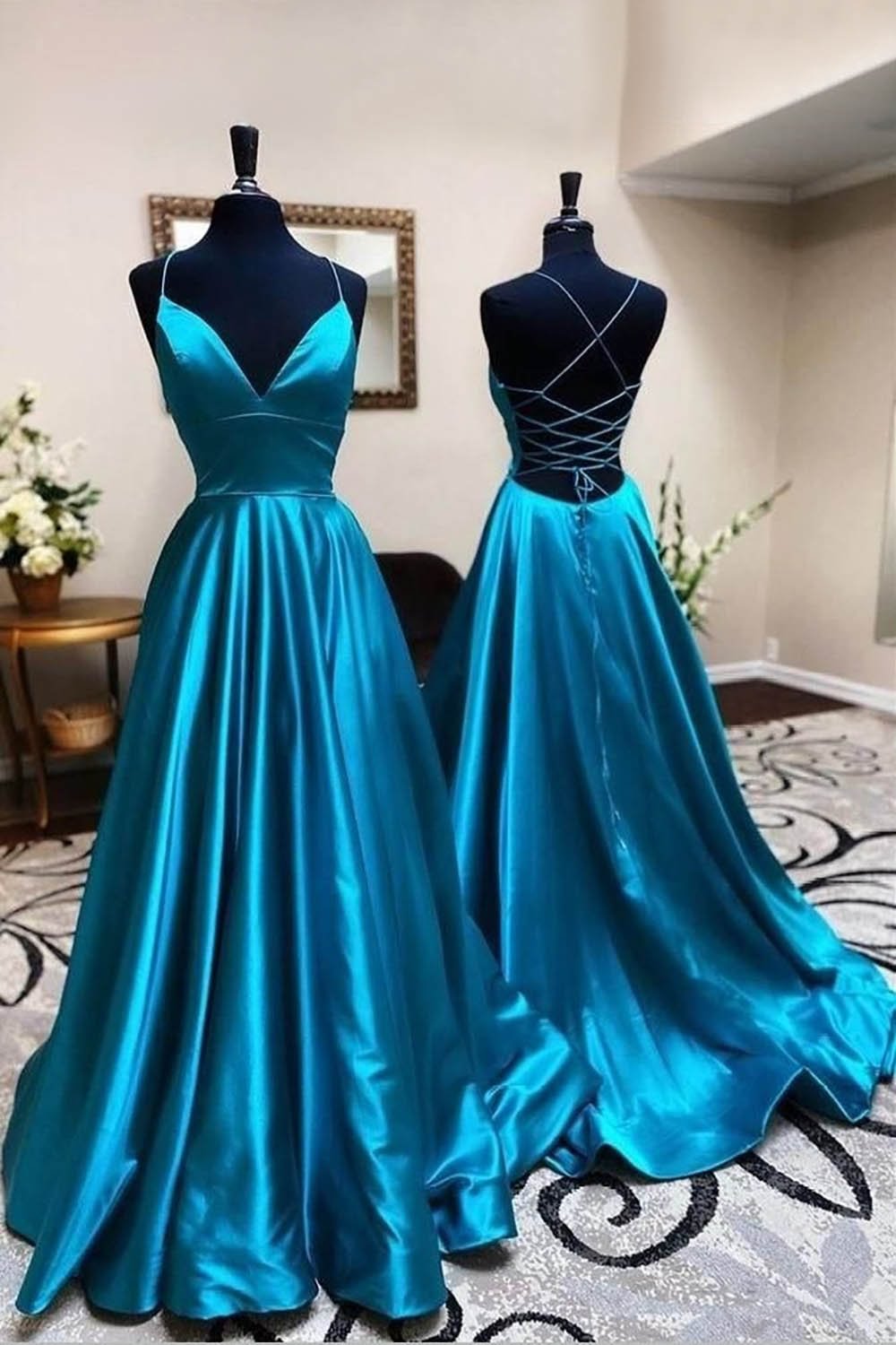 dressimeA Line Satin Spaghetti Straps Prom Dresses With Slit
