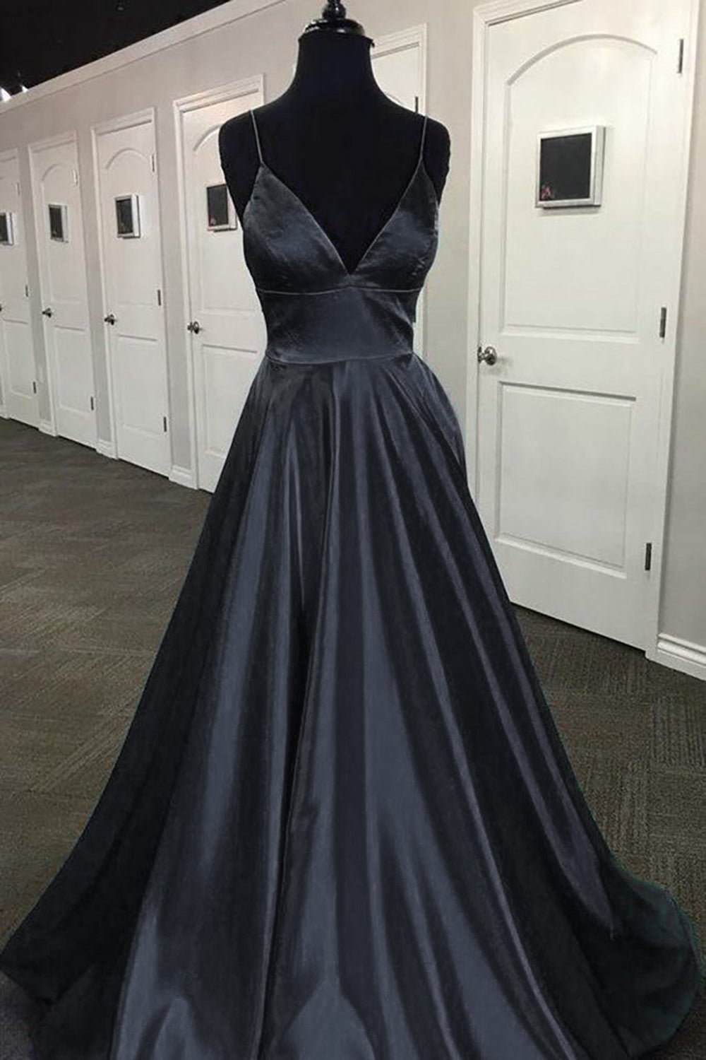 dressimeA Line Satin Spaghetti Straps Prom Dresses With Slit