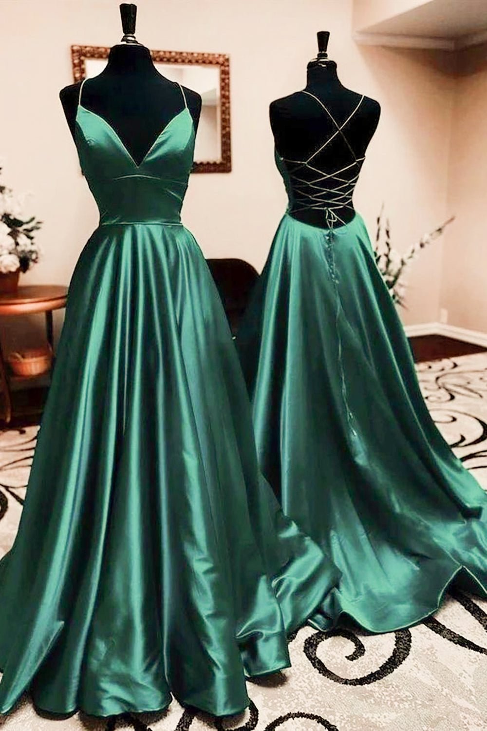 dressimeA Line Satin Spaghetti Straps Prom Dresses With Slit
