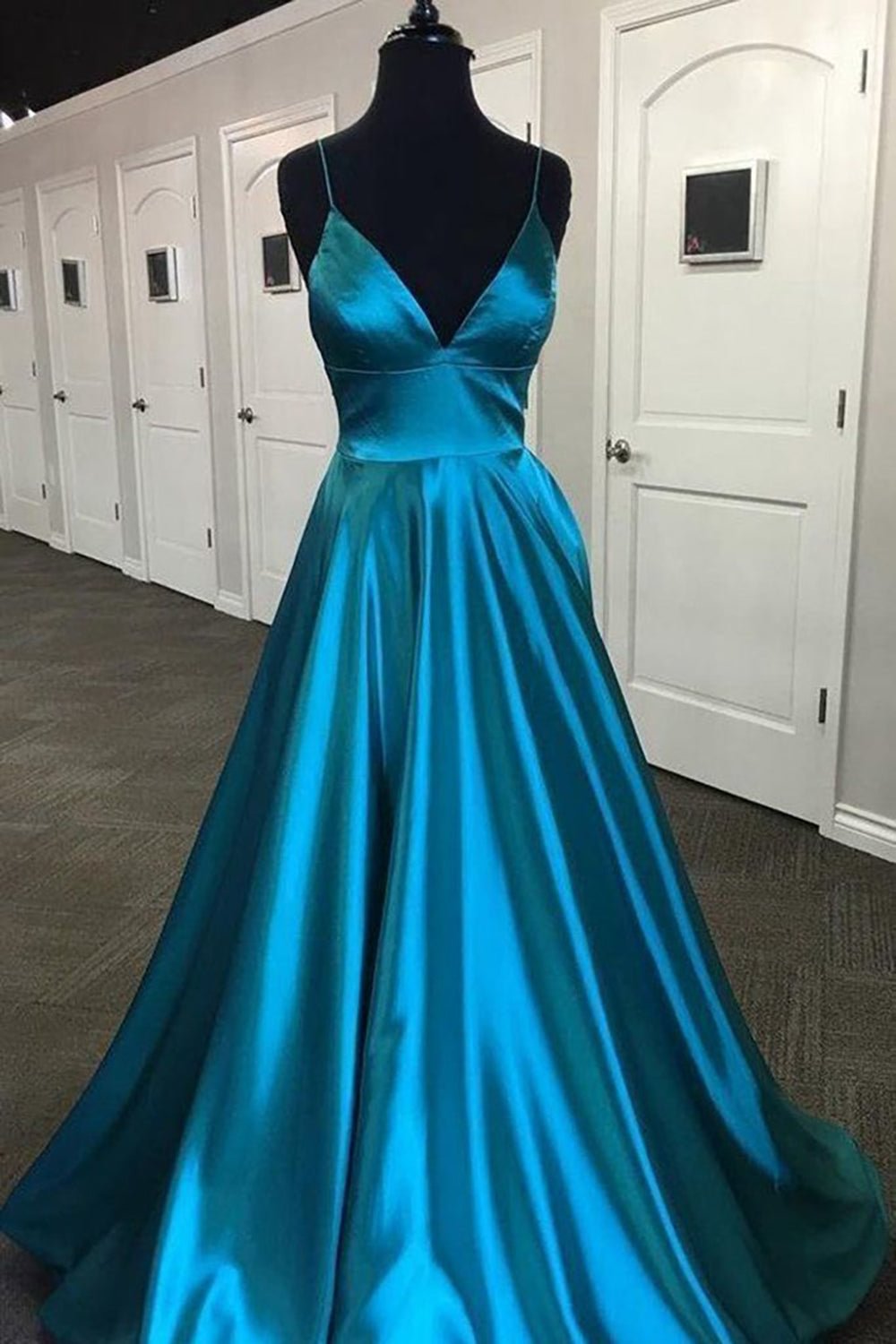dressimeA Line Satin Spaghetti Straps Prom Dresses With Slit