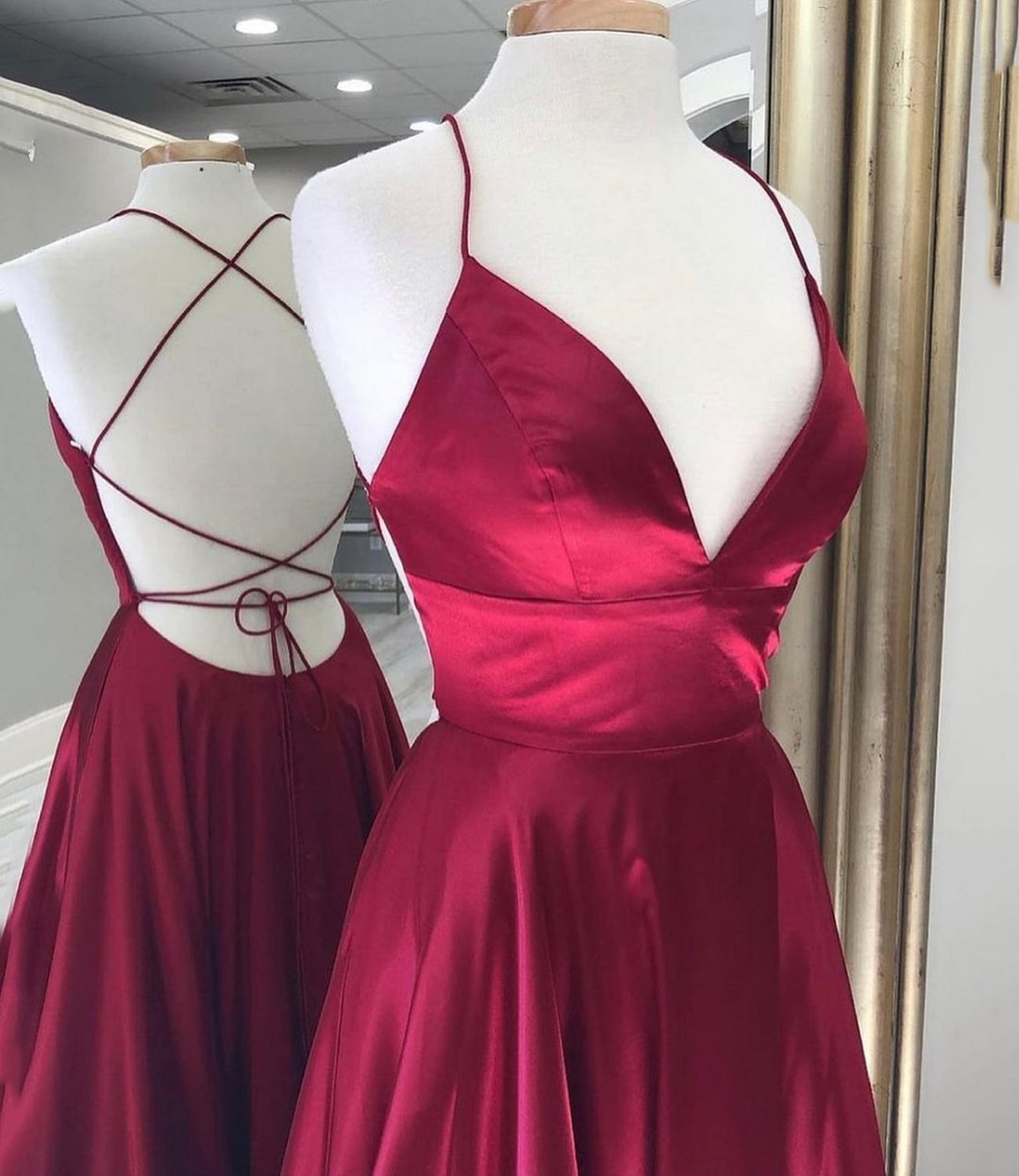 dressimeA Line Satin Spaghetti Straps Prom Dresses With Slit