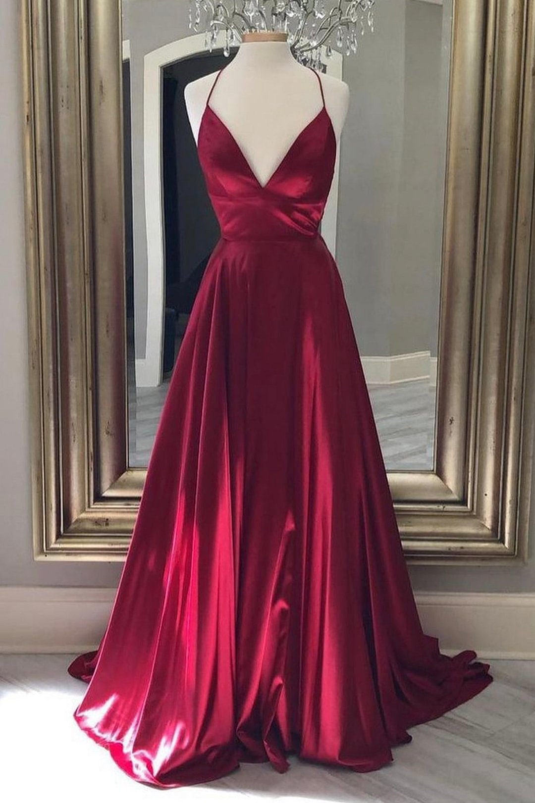 dressimeA Line Satin Spaghetti Straps Prom Dresses With Slit