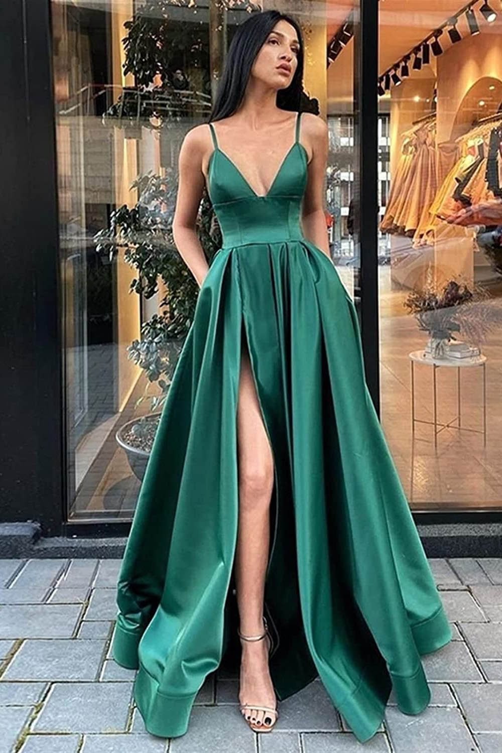dressimeA Line Satin Spaghetti Straps Prom Dresses With Slit