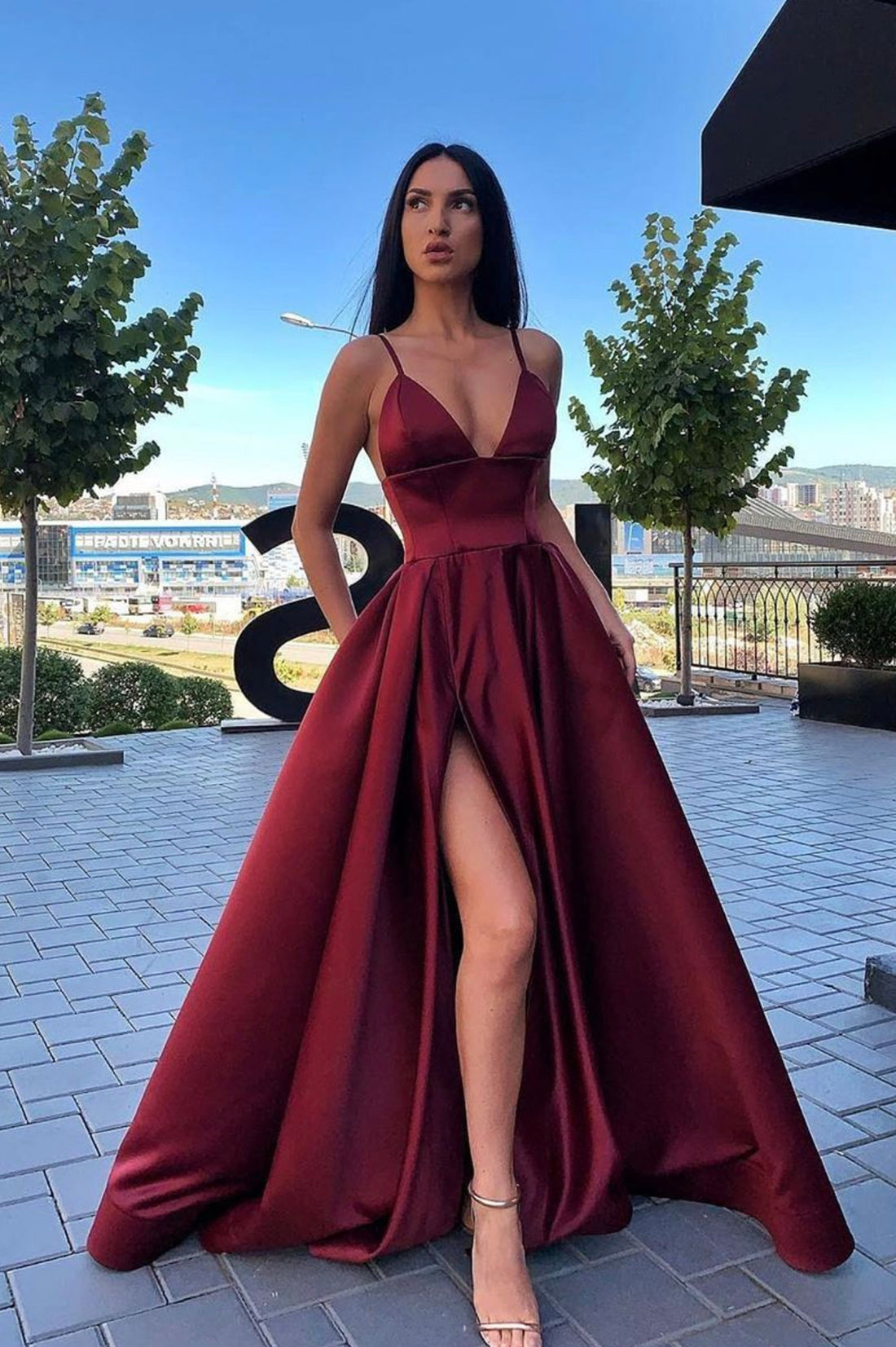dressimeA Line Satin Spaghetti Straps Prom Dresses With Slit