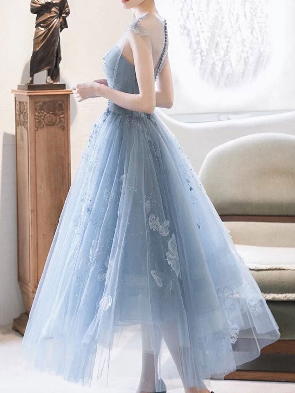 Dressime A Line Scoop Neck Tulle Short Ankle-Length Homecoming Dress With Appliques dressime