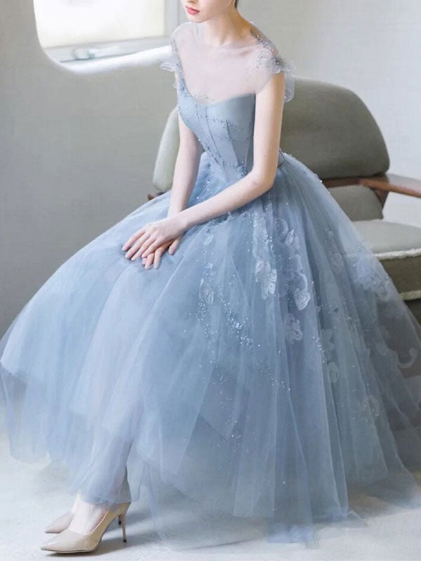 Dressime A Line Scoop Neck Tulle Short Ankle-Length Homecoming Dress With Appliques dressime
