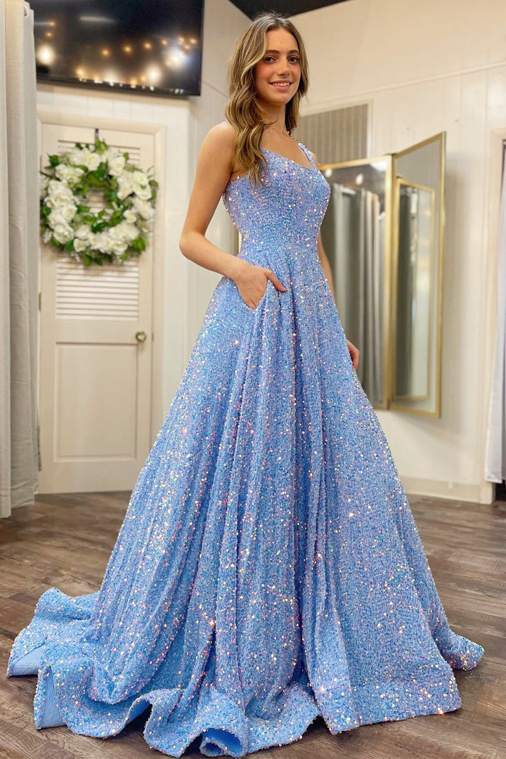 dressimeA-Line Sequins Straps Long Prom Dresses