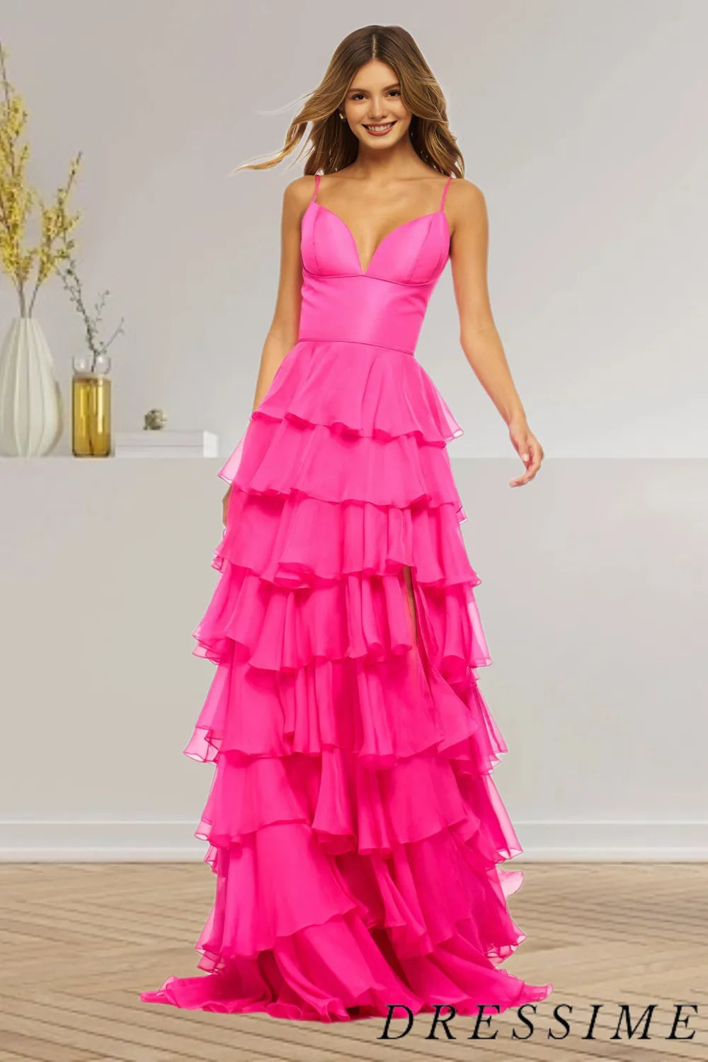 Dressime A Line Spaghetti Straps Chiffon Tiered Long Prom Dress dressime Dressime A Line Spaghetti Straps Chiffon Tiered Long Prom Dress dressime