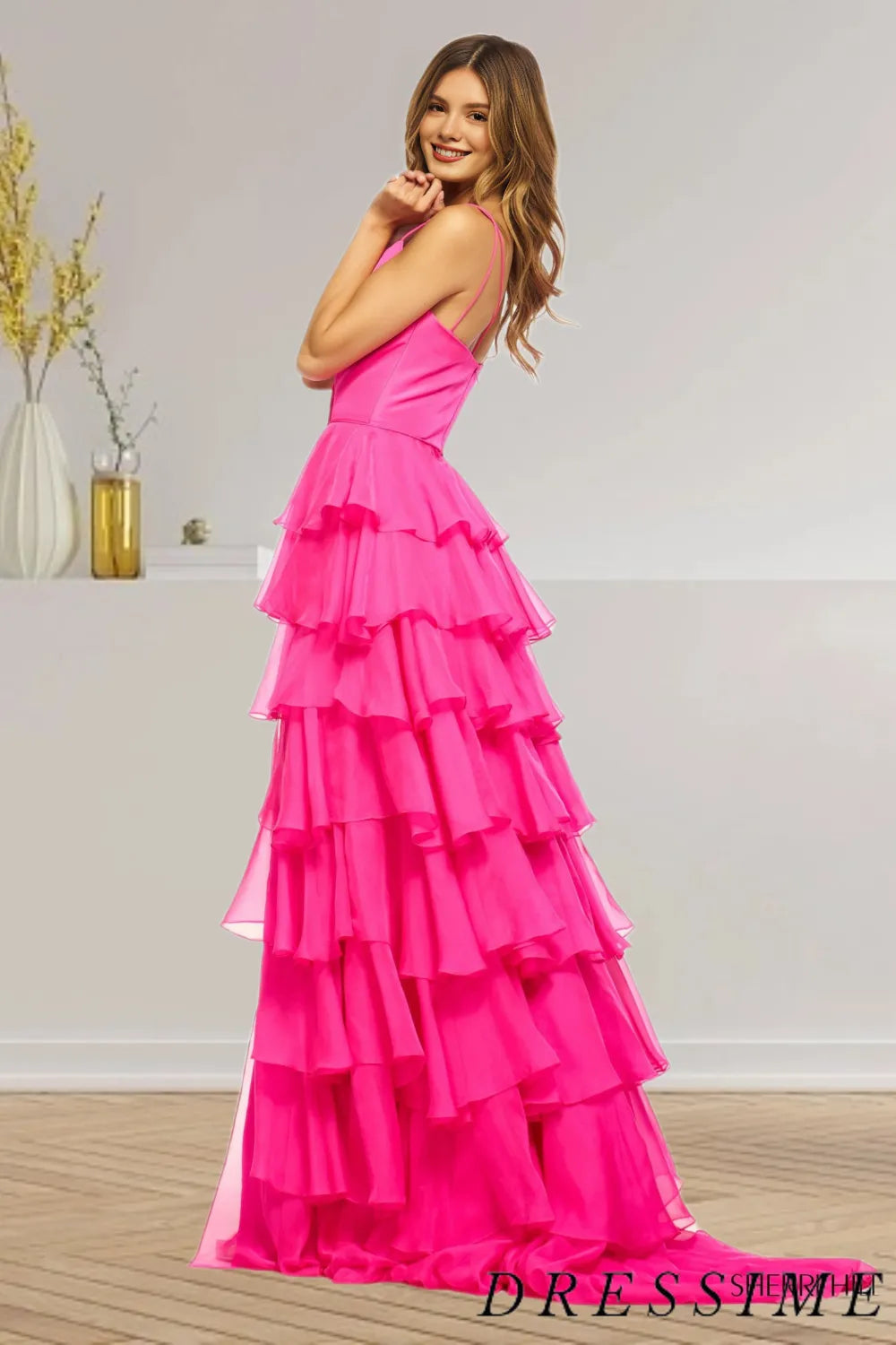 Dressime A Line Spaghetti Straps Chiffon Tiered Long Prom Dress dressime