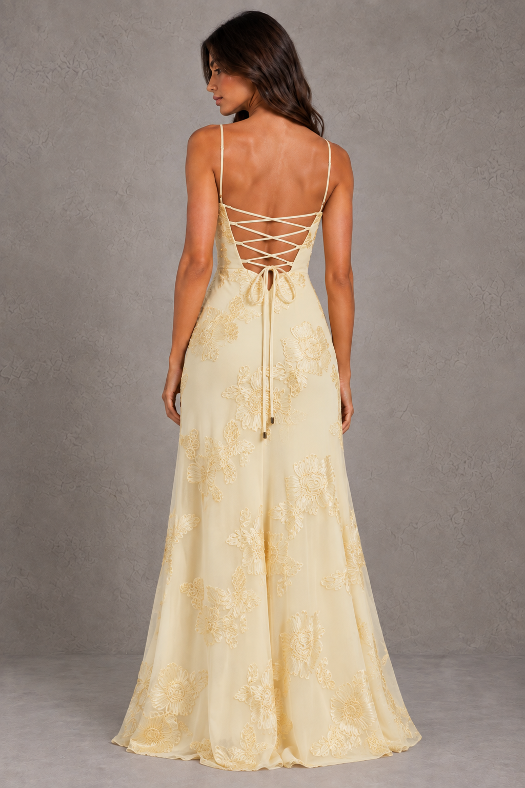 Dressime A Line Spaghetti Straps Floral Embroidery Lace Up Long Prom Dresses
