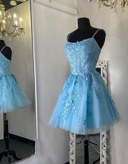dressimeA Line Spaghetti Straps Homecoming Dresses with Appliques Short Cocktail Dresses