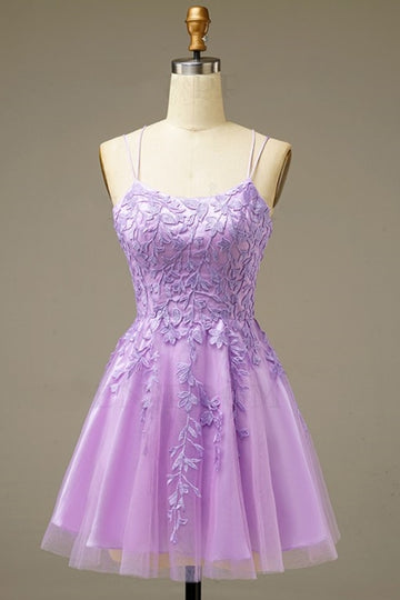 dressimeA Line Spaghetti Straps Homecoming Dresses with Appliques Short Cocktail Dresses