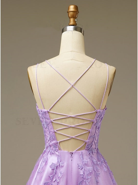 dressimeA Line Spaghetti Straps Homecoming Dresses with Appliques Short Cocktail Dresses