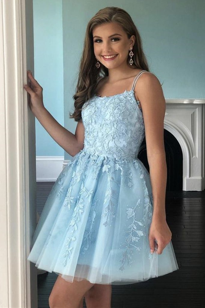 dressimeA Line Spaghetti Straps Homecoming Dresses with Appliques Short Cocktail Dresses
