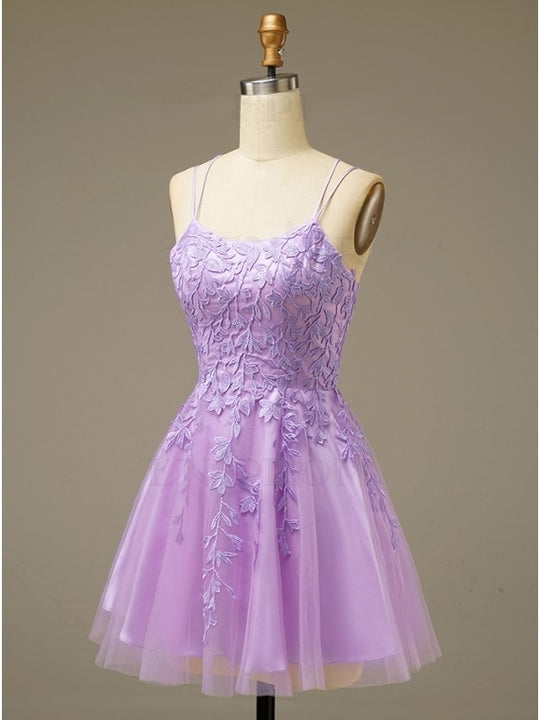 dressimeA Line Spaghetti Straps Homecoming Dresses with Appliques Short Cocktail Dresses