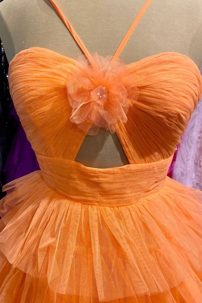 Dressime A Line Spaghetti Straps Keyhole Tulle Short/MIni Homecoming Dress with Flower dressime