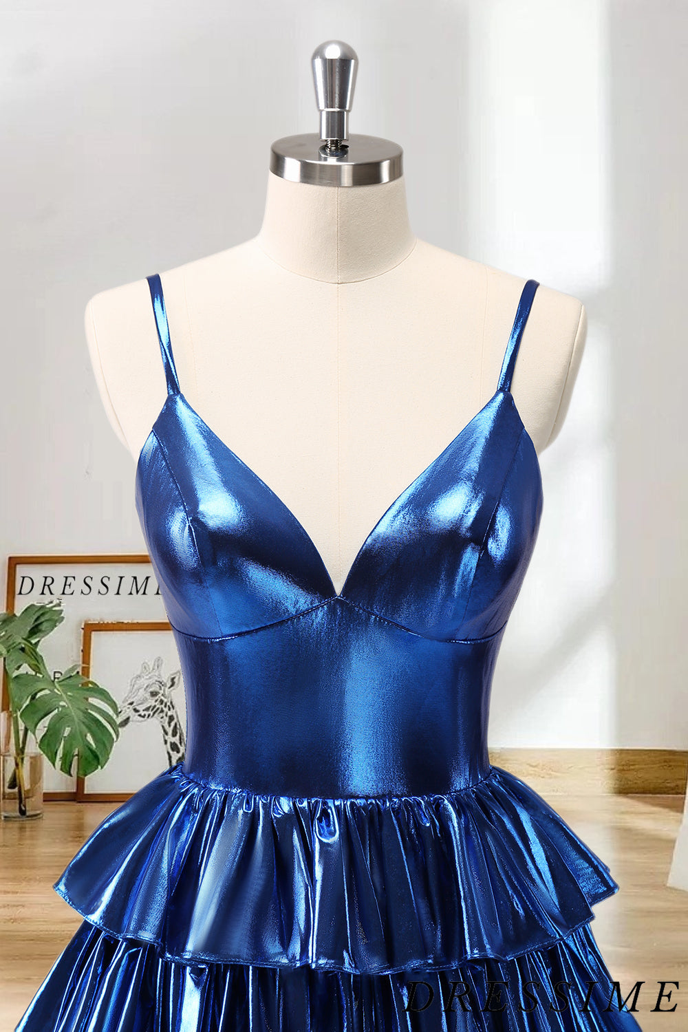 Dressime A Line Spaghetti Straps Metallic Pleated Tiered Short/Mini Homecoming Dress dressime