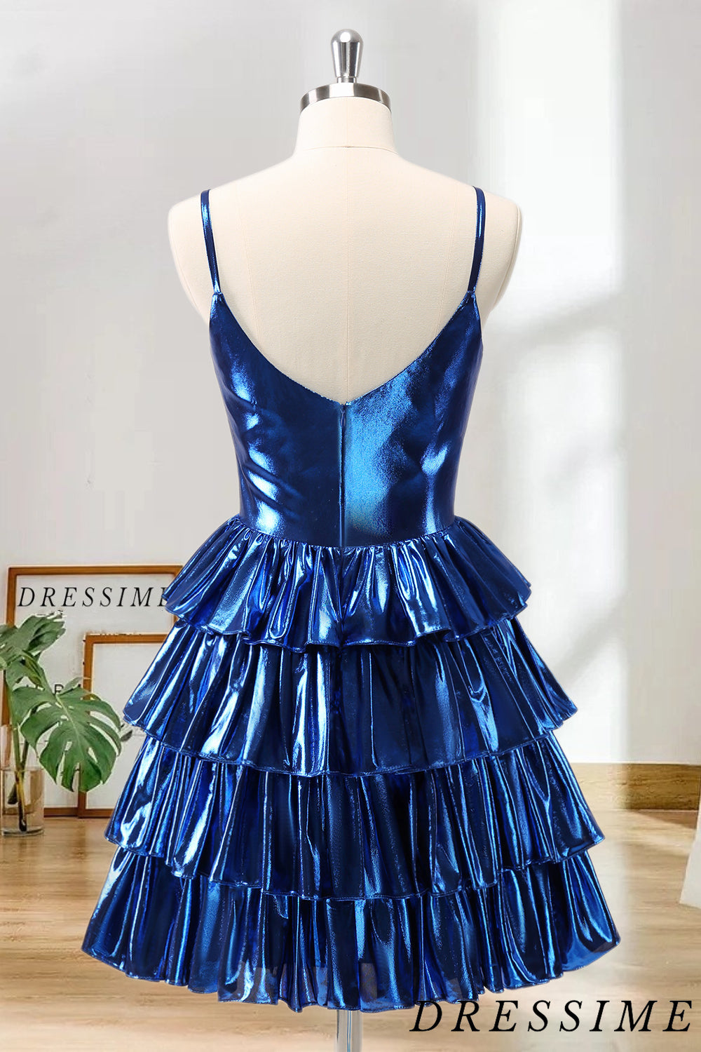 Dressime A Line Spaghetti Straps Metallic Pleated Tiered Short/Mini Homecoming Dress dressime