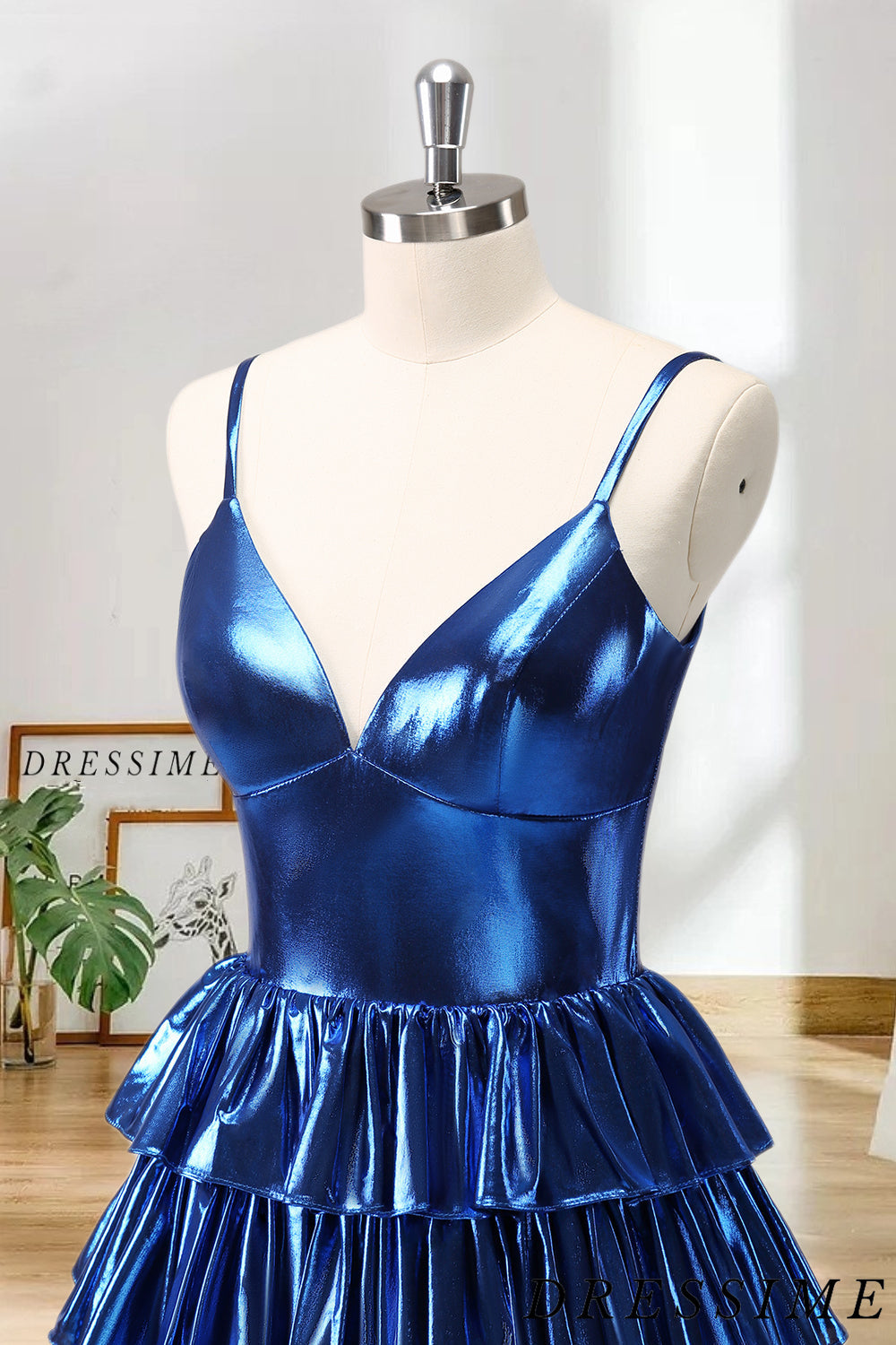 Dressime A Line Spaghetti Straps Metallic Pleated Tiered Short/Mini Homecoming Dress dressime