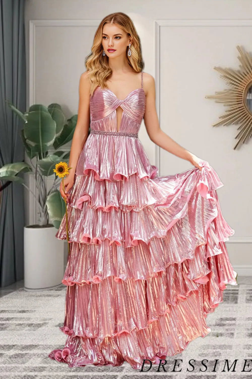 Dressime A Line Spaghetti Straps Metallic Tiered Long Prom Dress With dressime Dressime A Line Spaghetti Straps Metallic Tiered Long Prom Dress With dressime