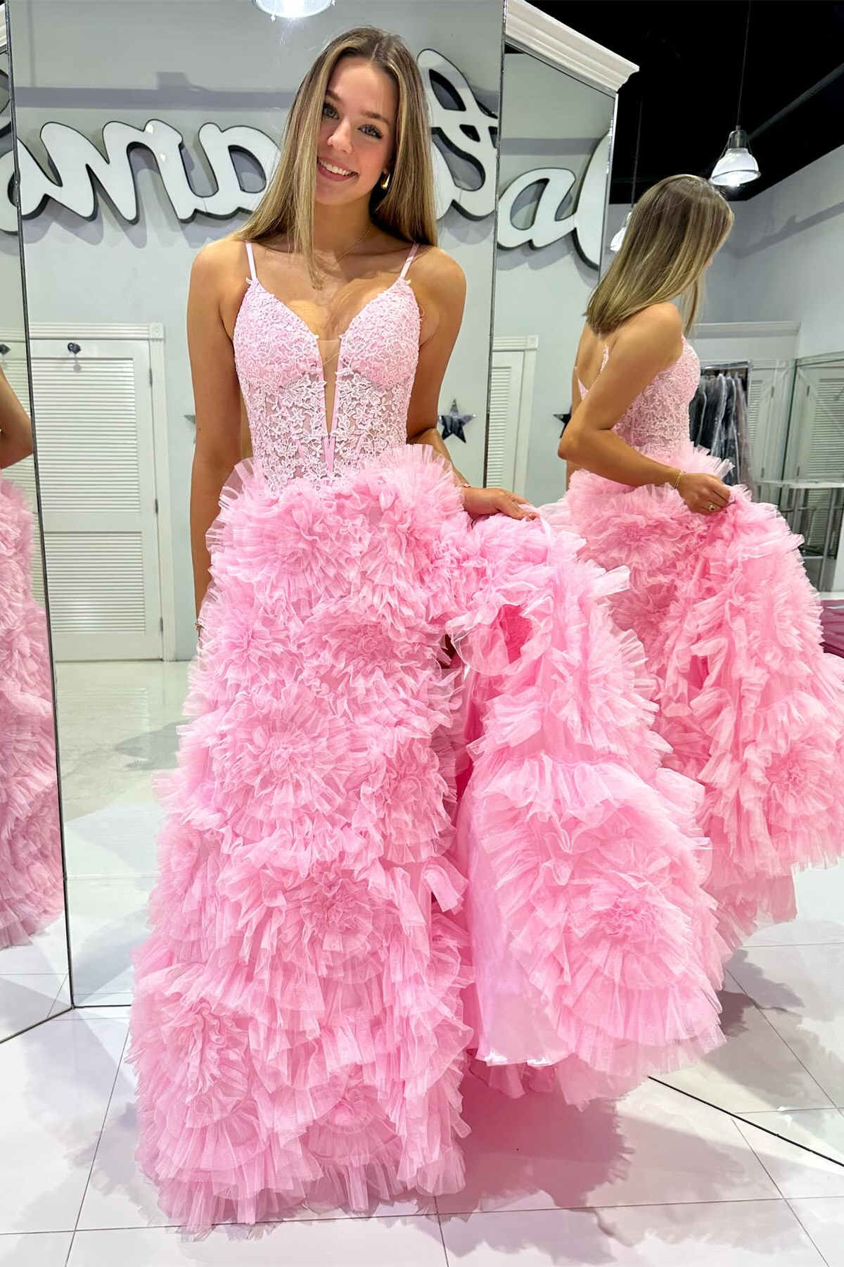 Dressime A Line Spaghetti Straps Ruffled Tiered Long Prom Dress with Appliques dressime