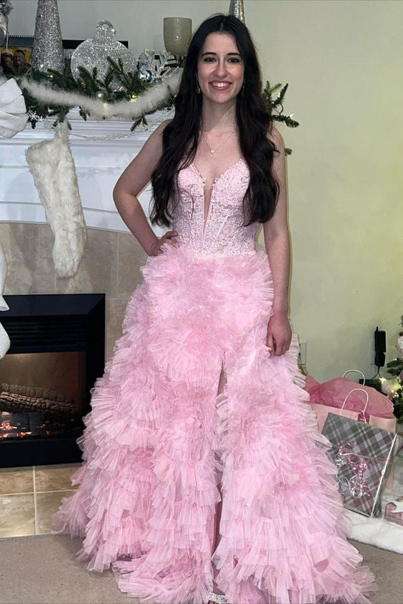 Dressime A Line Spaghetti Straps Ruffled Tiered Long Prom Dress with Appliques dressime