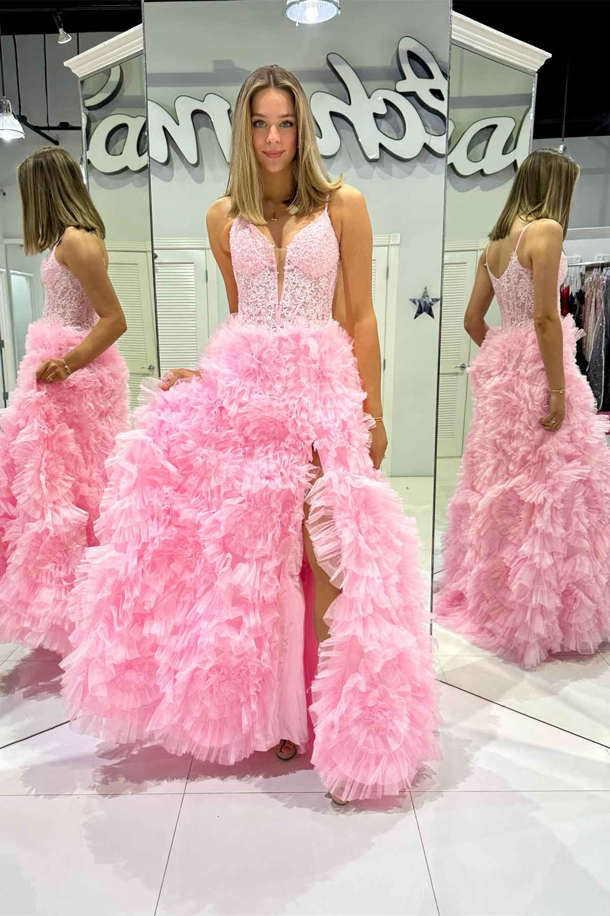 Dressime A Line Spaghetti Straps Ruffled Tiered Long Prom Dress with Appliques dressime