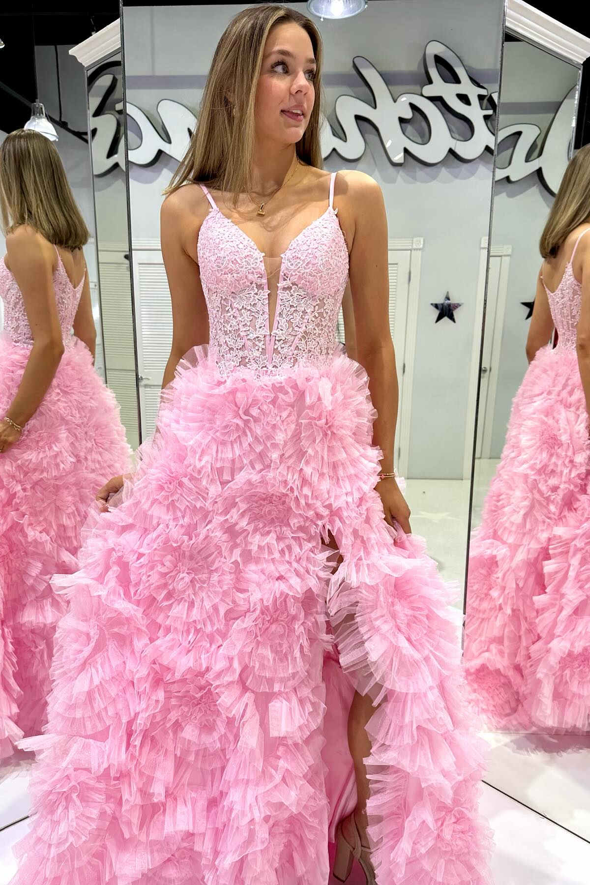 Dressime A Line Spaghetti Straps Ruffled Tiered Long Prom Dress with Appliques dressime