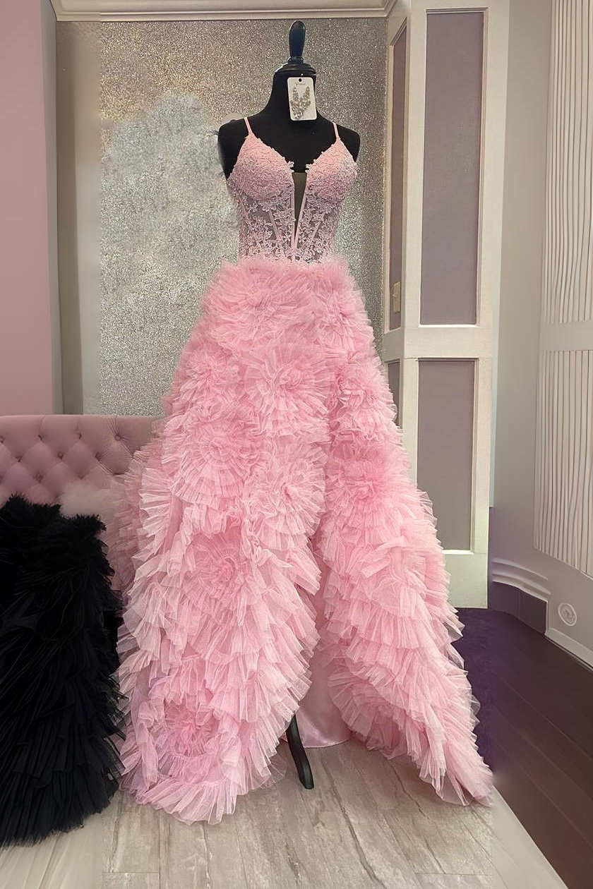 Dressime A Line Spaghetti Straps Ruffled Tiered Long Prom Dress with Appliques dressime