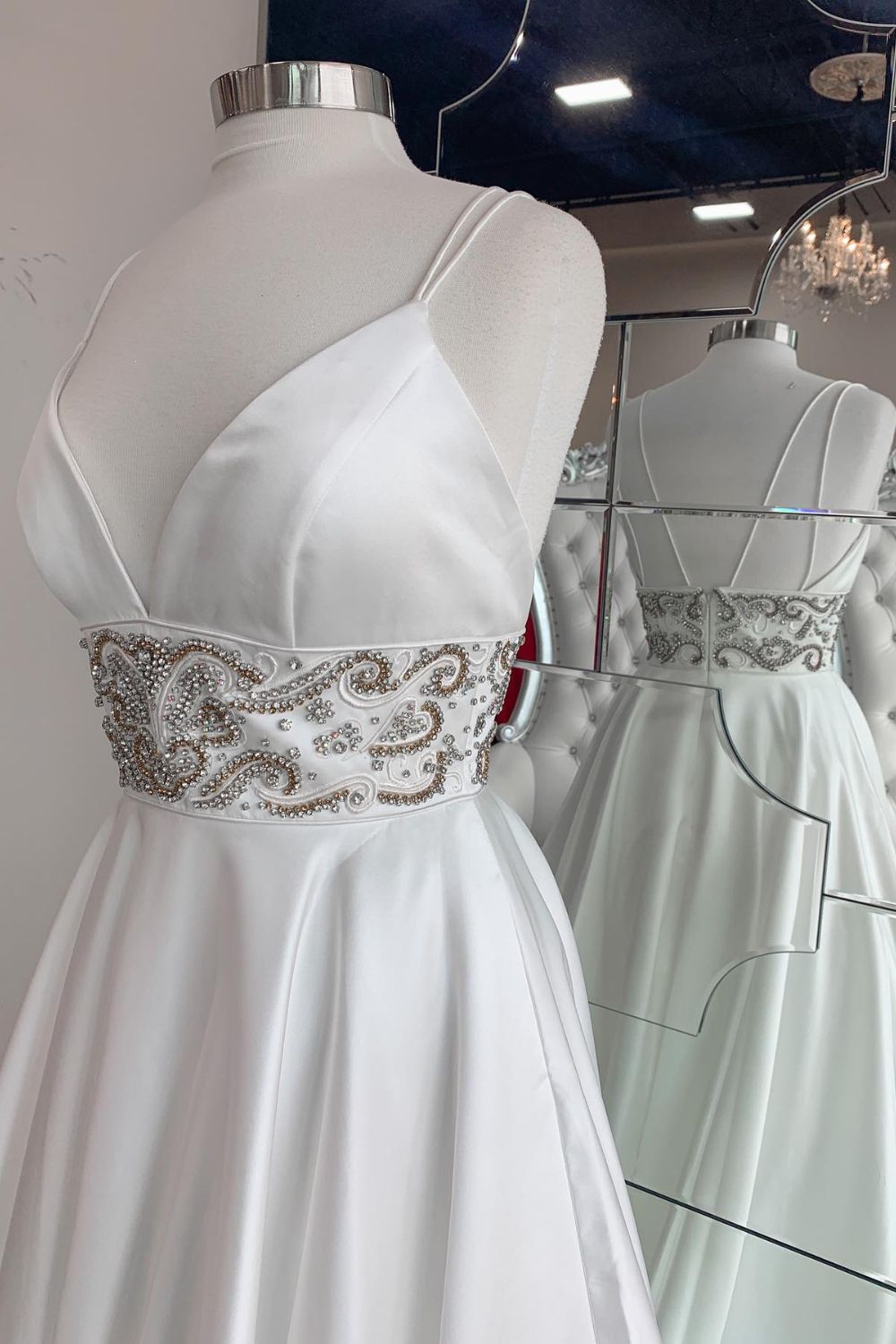 Dressime A Line Spaghetti Straps Satin Beaded Long Prom Dress dressime