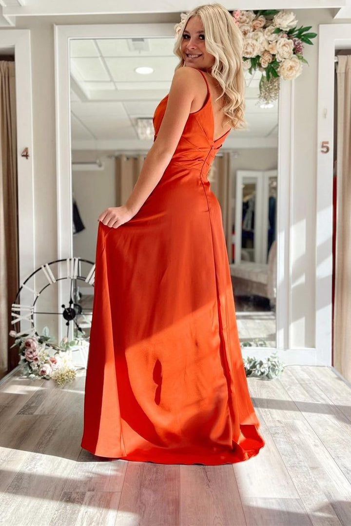 dressimeA Line Spaghetti Straps Satin Pleated Long PromDresses WIth Slit