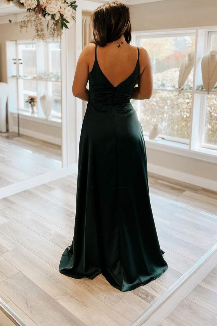 dressimeA Line Spaghetti Straps Satin Pleated Long PromDresses WIth Slit