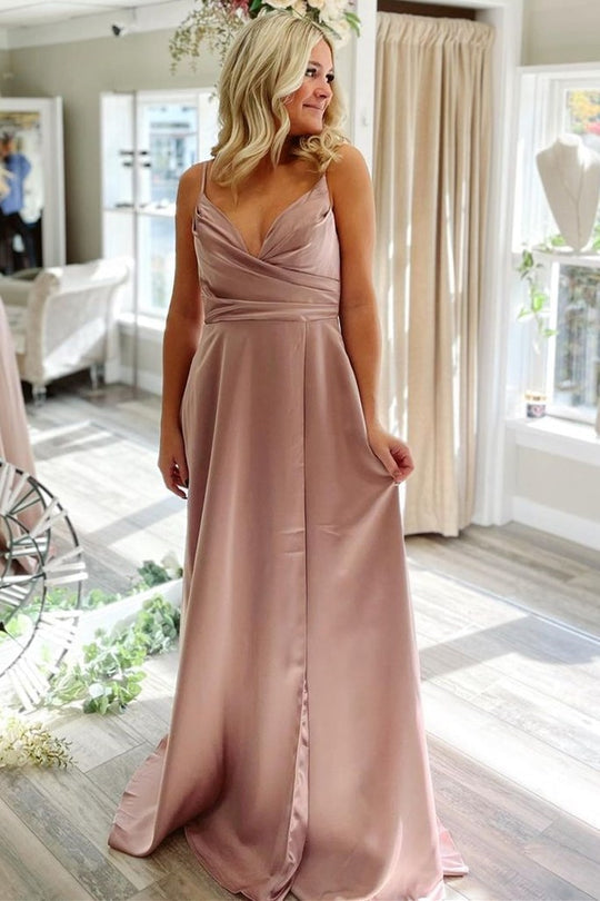 dressimeA Line Spaghetti Straps Satin Pleated Long PromDresses WIth Slit