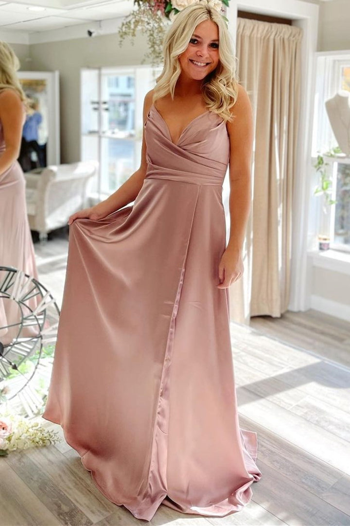 dressimeA Line Spaghetti Straps Satin Pleated Long PromDresses WIth Slit