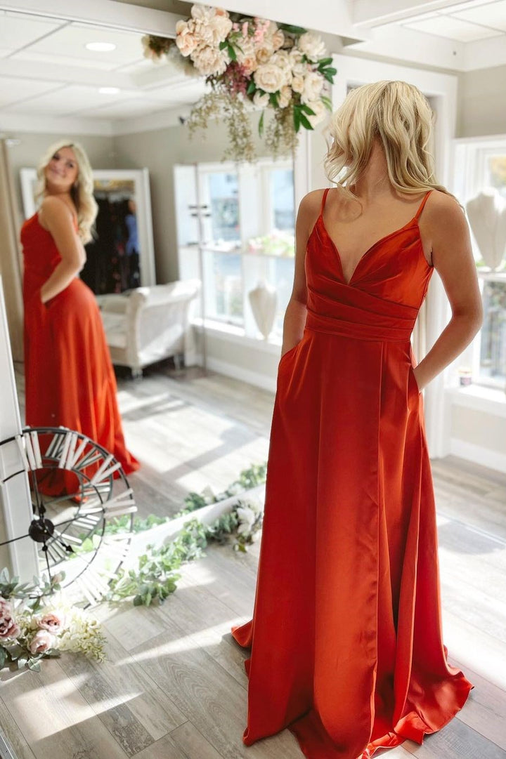 dressimeA Line Spaghetti Straps Satin Pleated Long PromDresses WIth Slit