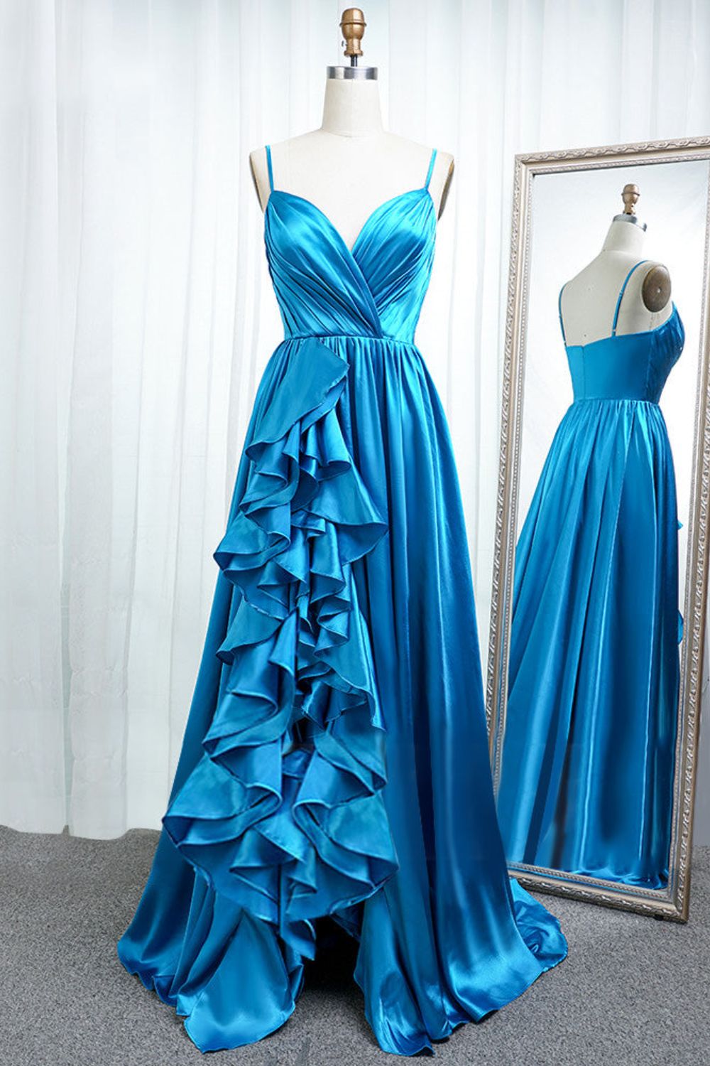 Dressime A Line Spaghetti Straps Satin Prom Dress With Slit dressime