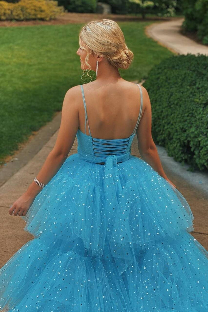 dressimeA Line Spaghetti Straps Tiered Tulle High Low Prom Dresses