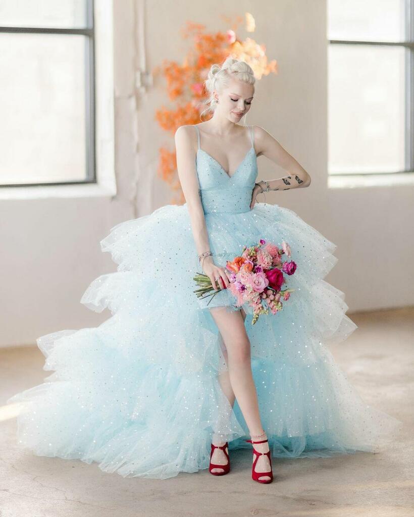 dressimeA Line Spaghetti Straps Tiered Tulle High Low Prom Dresses