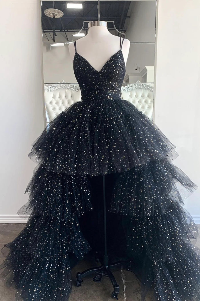dressimeA Line Spaghetti Straps Tiered Tulle High Low Prom Dresses