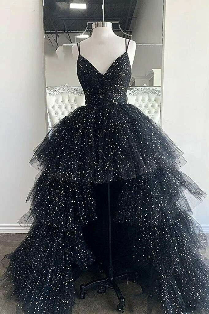 dressimeA Line Spaghetti Straps Tiered Tulle High Low Prom Dresses