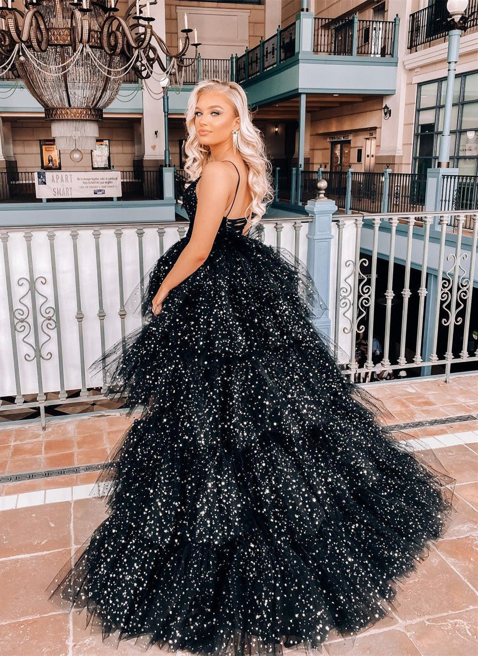 dressimeA Line Spaghetti Straps Tiered Tulle High Low Prom Dresses