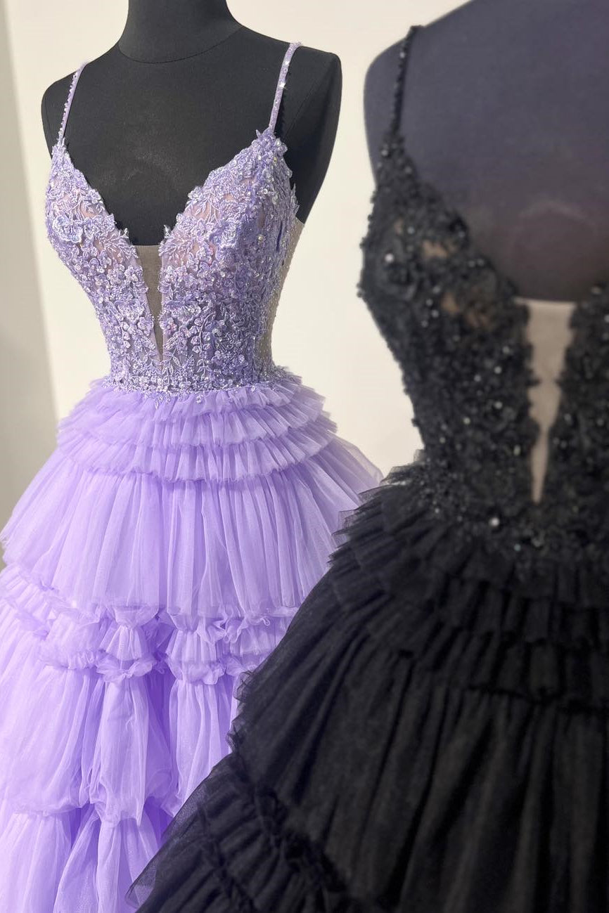 Dressime A Line Spaghetti Straps Tulle Appliqued Tiered Prom Dresses dressime