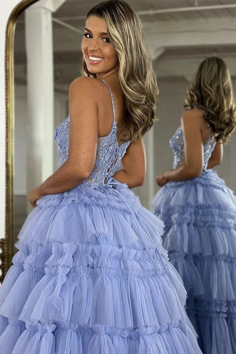 Dressime A Line Spaghetti Straps Tulle Appliqued Tiered Prom Dresses dressime